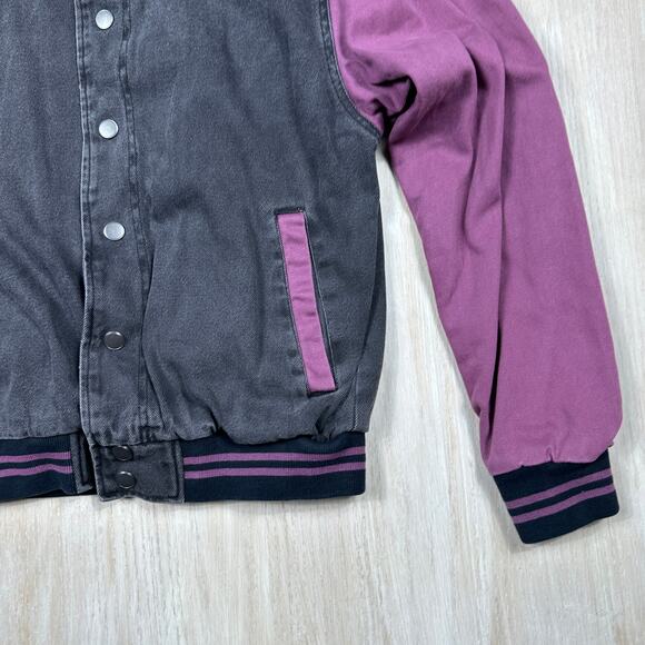 BDG Colorblock Varsity Black & Purple Long Sleeve Snap Front Bomber Jacket Small - Picture 3 of 12